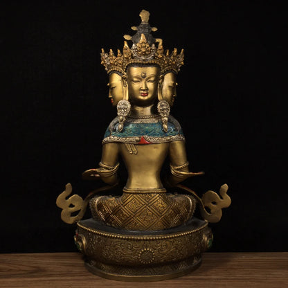 13"Tibetan Temple Collection Old Bronze Cinnabar Painting Four Head Longevity Buddha Sitting Buddha Worship Hall Town House