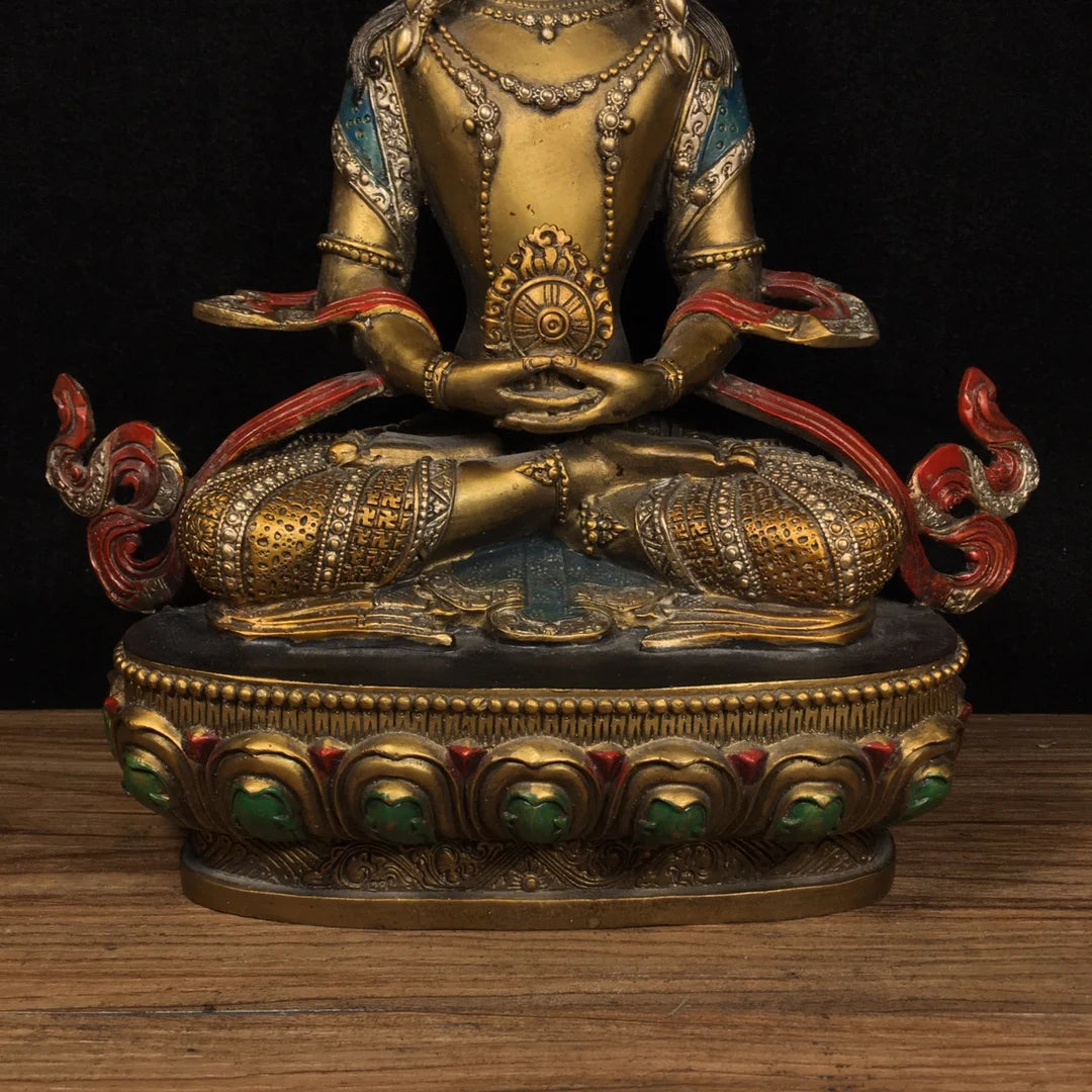 13"Tibetan Temple Collection Old Bronze Cinnabar Painting Four Head Longevity Buddha Sitting Buddha Worship Hall Town House