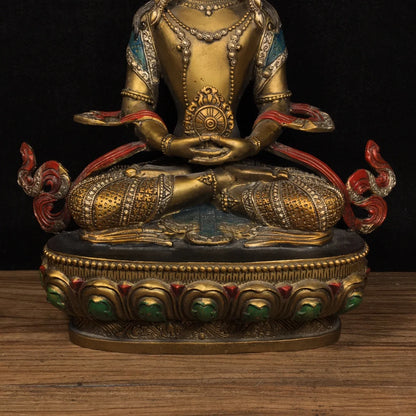 13"Tibetan Temple Collection Old Bronze Cinnabar Painting Four Head Longevity Buddha Sitting Buddha Worship Hall Town House