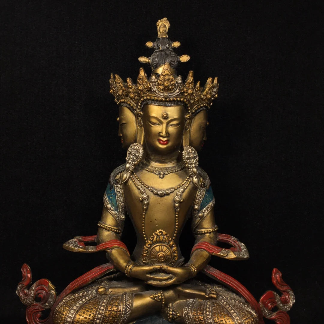 13"Tibetan Temple Collection Old Bronze Cinnabar Painting Four Head Longevity Buddha Sitting Buddha Worship Hall Town House