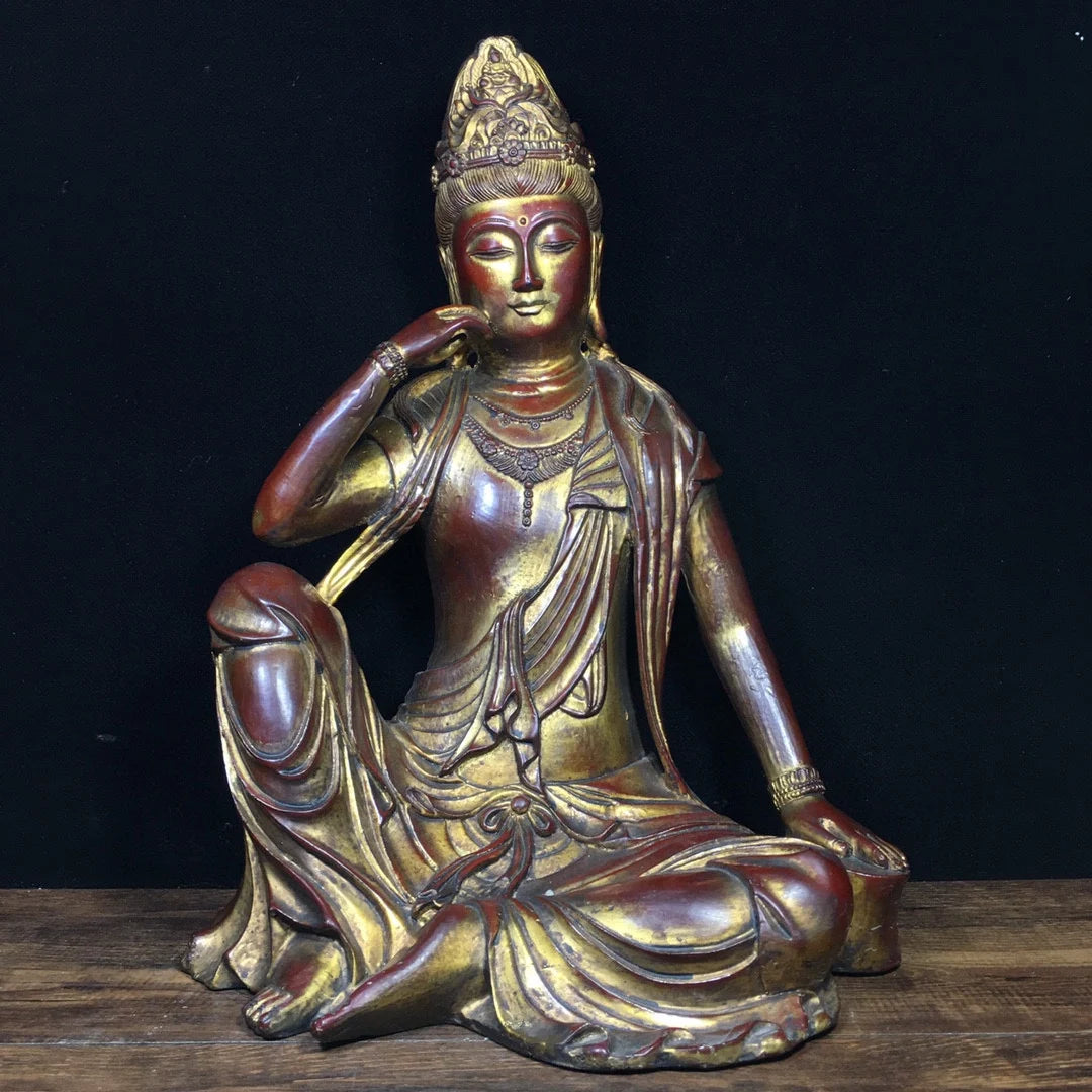 13" Tibetan Temple Collection Old Bronze Cinnabar mud gold Northern Wei Buddha Avalokitesvara Sitting Buddha Town house Exorcism