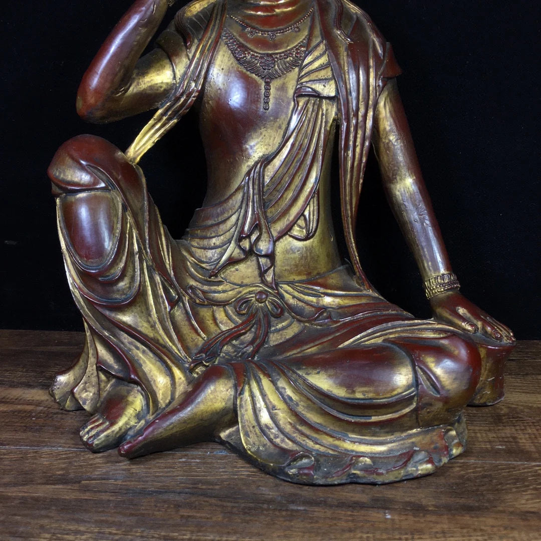 13" Tibetan Temple Collection Old Bronze Cinnabar mud gold Northern Wei Buddha Avalokitesvara Sitting Buddha Town house Exorcism