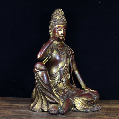 13" Tibetan Temple Collection Old Bronze Cinnabar mud gold Northern Wei Buddha Avalokitesvara Sitting Buddha Town house Exorcism