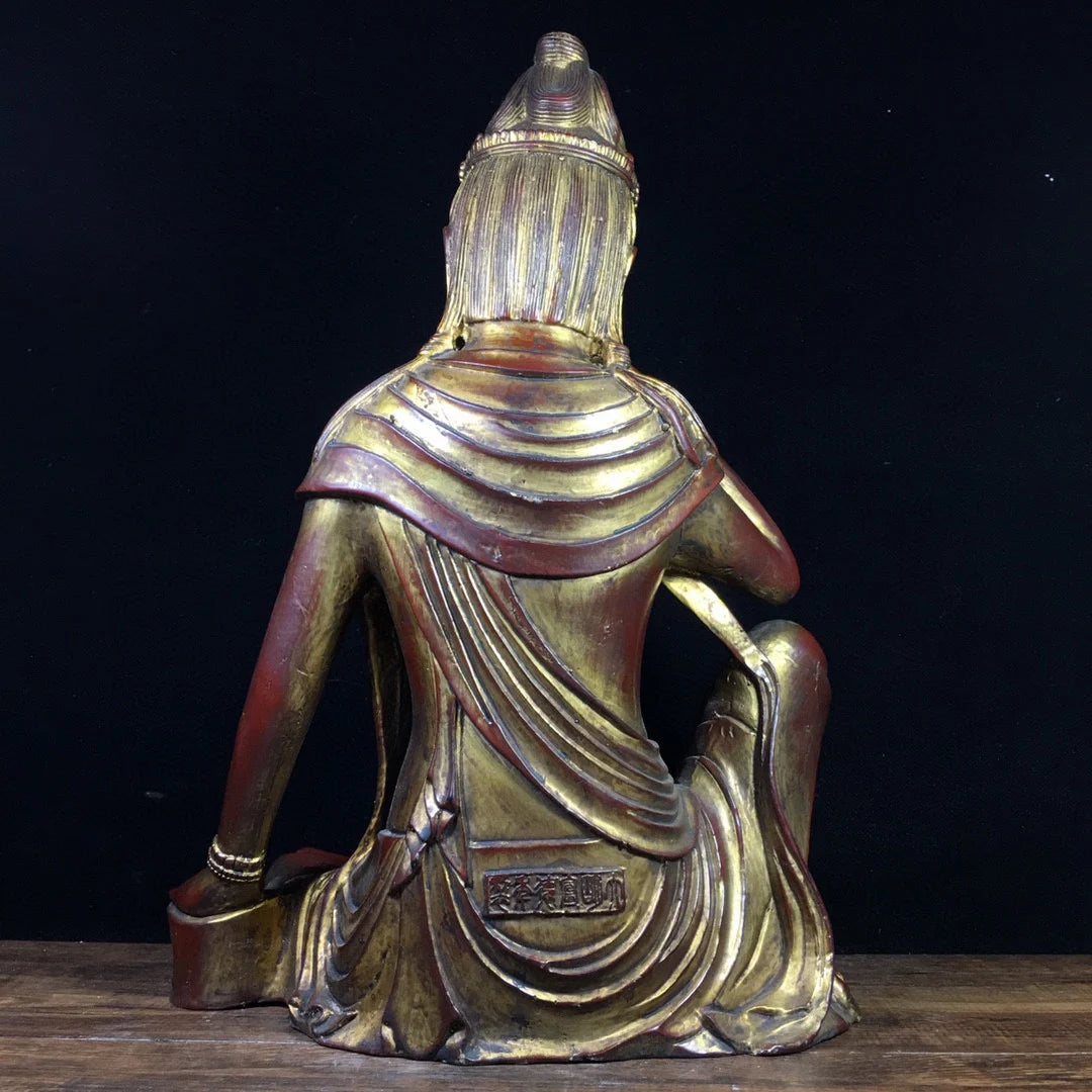 13" Tibetan Temple Collection Old Bronze Cinnabar mud gold Northern Wei Buddha Avalokitesvara Sitting Buddha Town house Exorcism
