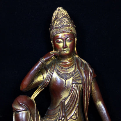 13" Tibetan Temple Collection Old Bronze Cinnabar mud gold Northern Wei Buddha Avalokitesvara Sitting Buddha Town house Exorcism