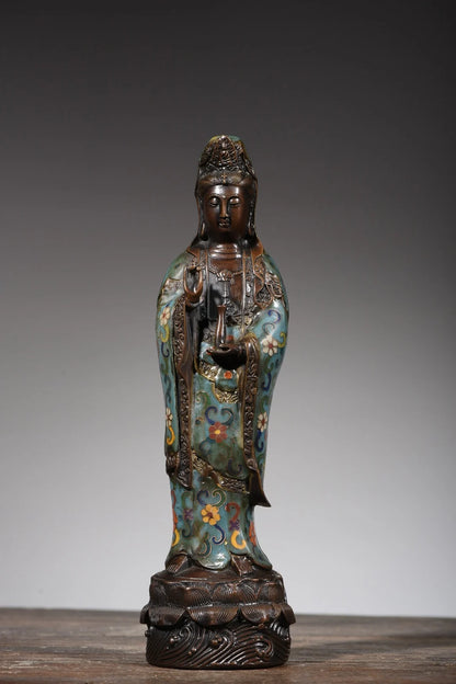 13"Tibetan Temple Collection Old Bronze Cloisonne Enamel Bottle Guanyin Bodhisattva Buddha lotus platform Worship Hall Exorcism