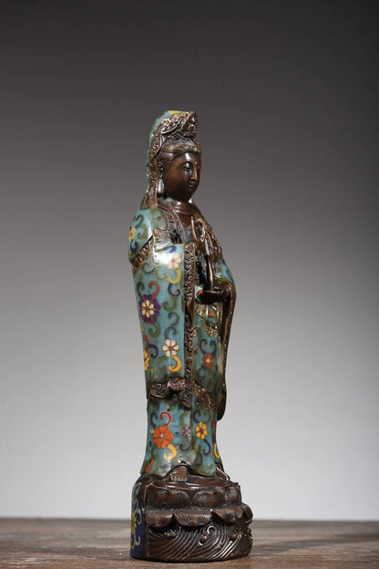 13"Tibetan Temple Collection Old Bronze Cloisonne Enamel Bottle Guanyin Bodhisattva Buddha lotus platform Worship Hall Exorcism