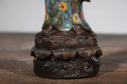 13"Tibetan Temple Collection Old Bronze Cloisonne Enamel Bottle Guanyin Bodhisattva Buddha lotus platform Worship Hall Exorcism