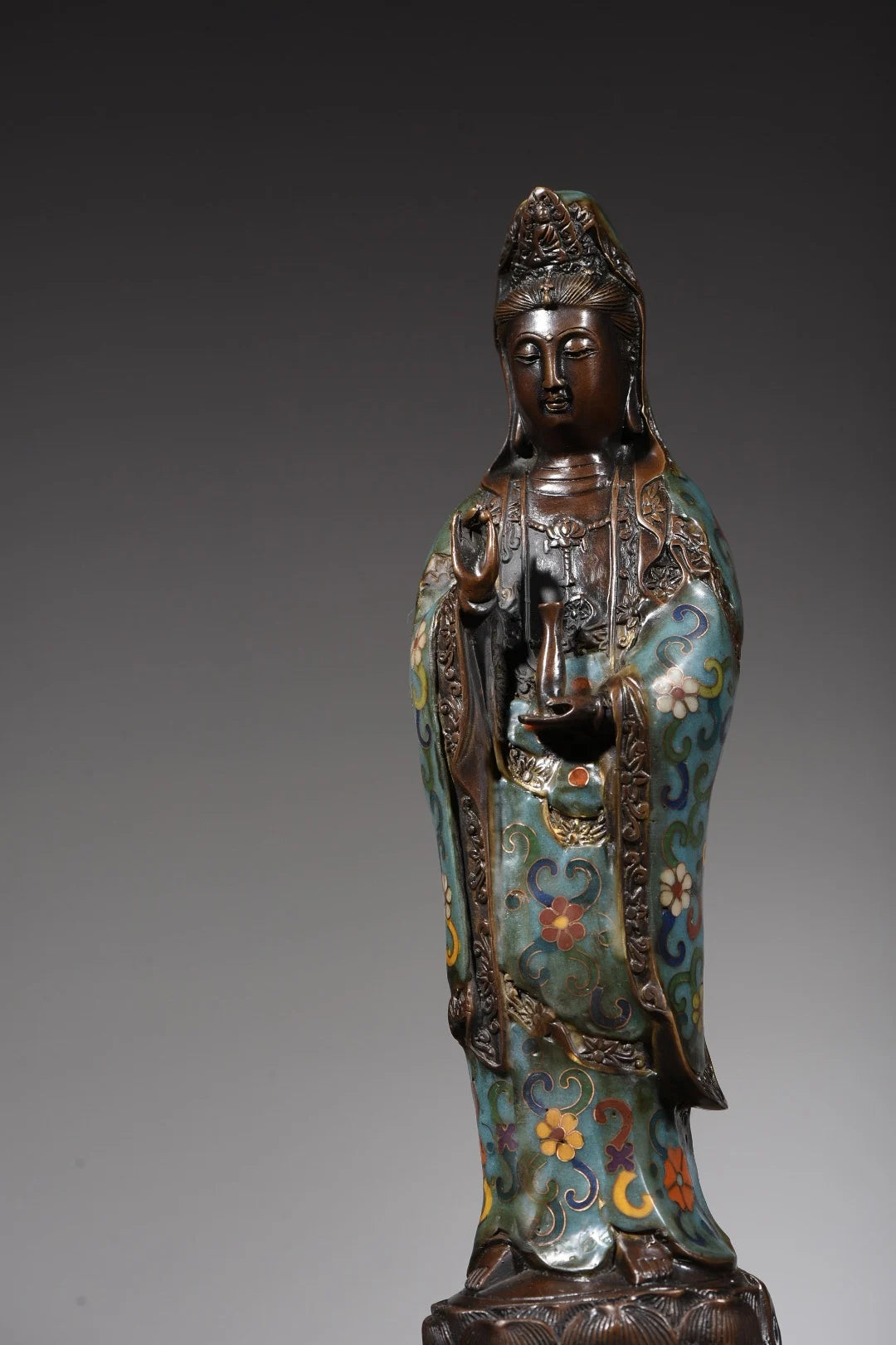 13"Tibetan Temple Collection Old Bronze Cloisonne Enamel Bottle Guanyin Bodhisattva Buddha lotus platform Worship Hall Exorcism