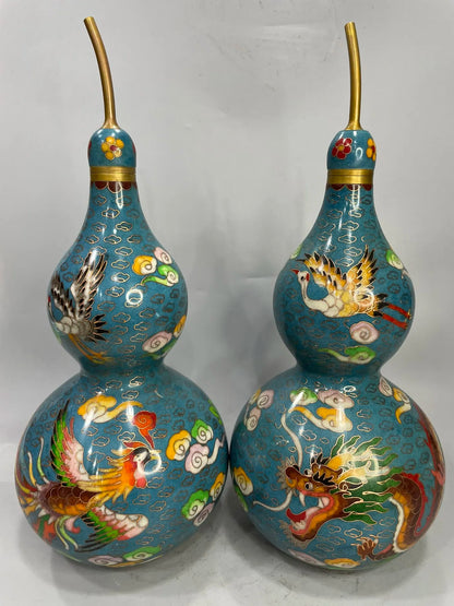 13"Tibetan Temple Collection Old Bronze Cloisonne Enamel Dragon Crane Pattern Amass wealth Gourd A Pair Ornaments Town house