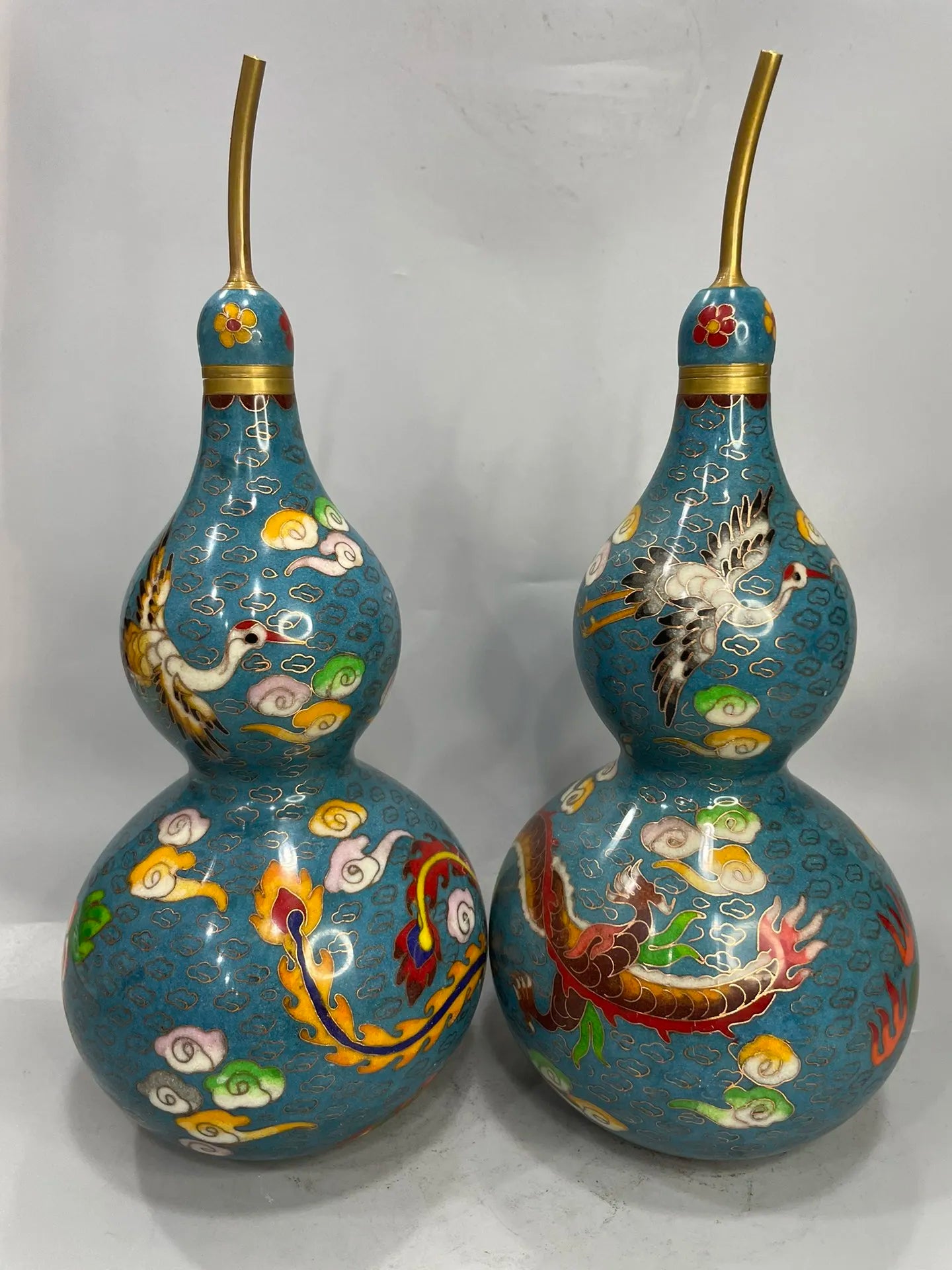 13"Tibetan Temple Collection Old Bronze Cloisonne Enamel Dragon Crane Pattern Amass wealth Gourd A Pair Ornaments Town house