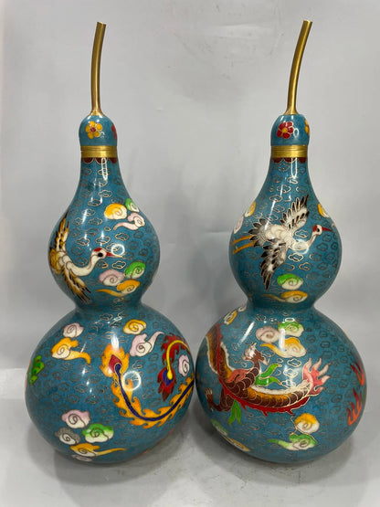 13"Tibetan Temple Collection Old Bronze Cloisonne Enamel Dragon Crane Pattern Amass wealth Gourd A Pair Ornaments Town house
