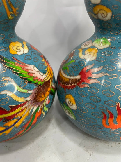 13"Tibetan Temple Collection Old Bronze Cloisonne Enamel Dragon Crane Pattern Amass wealth Gourd A Pair Ornaments Town house