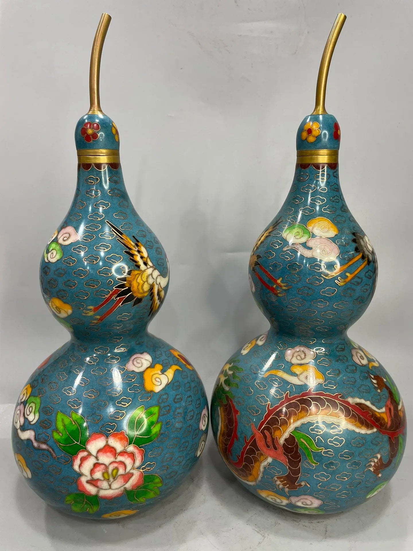 13"Tibetan Temple Collection Old Bronze Cloisonne Enamel Dragon Crane Pattern Amass wealth Gourd A Pair Ornaments Town house