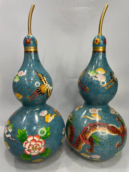 13"Tibetan Temple Collection Old Bronze Cloisonne Enamel Dragon Crane Pattern Amass wealth Gourd A Pair Ornaments Town house