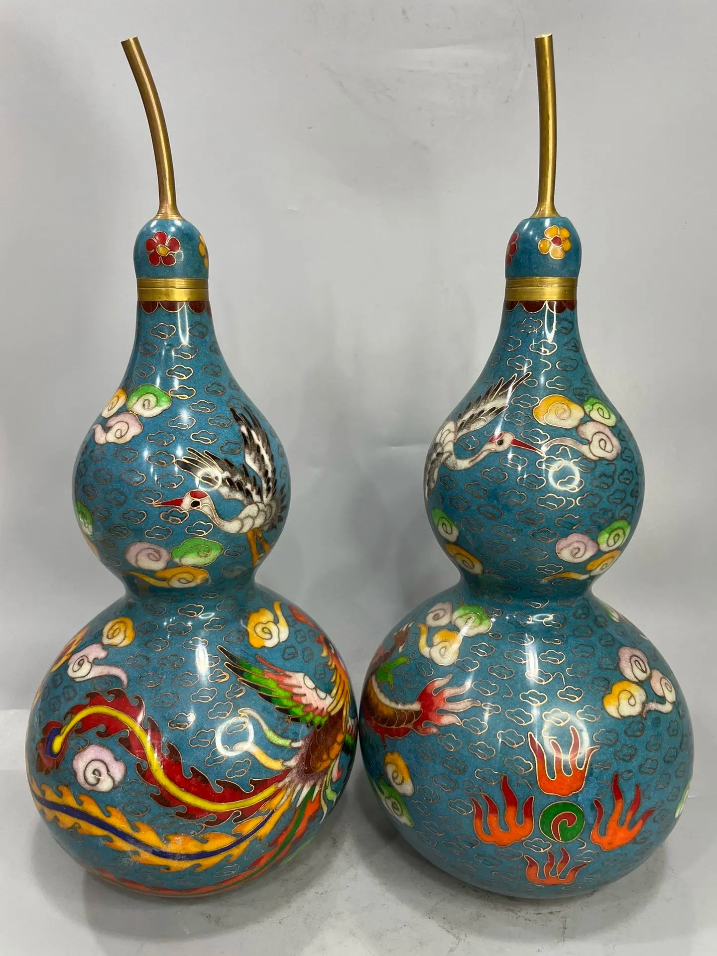 13"Tibetan Temple Collection Old Bronze Cloisonne Enamel Dragon Crane Pattern Amass wealth Gourd A Pair Ornaments Town house