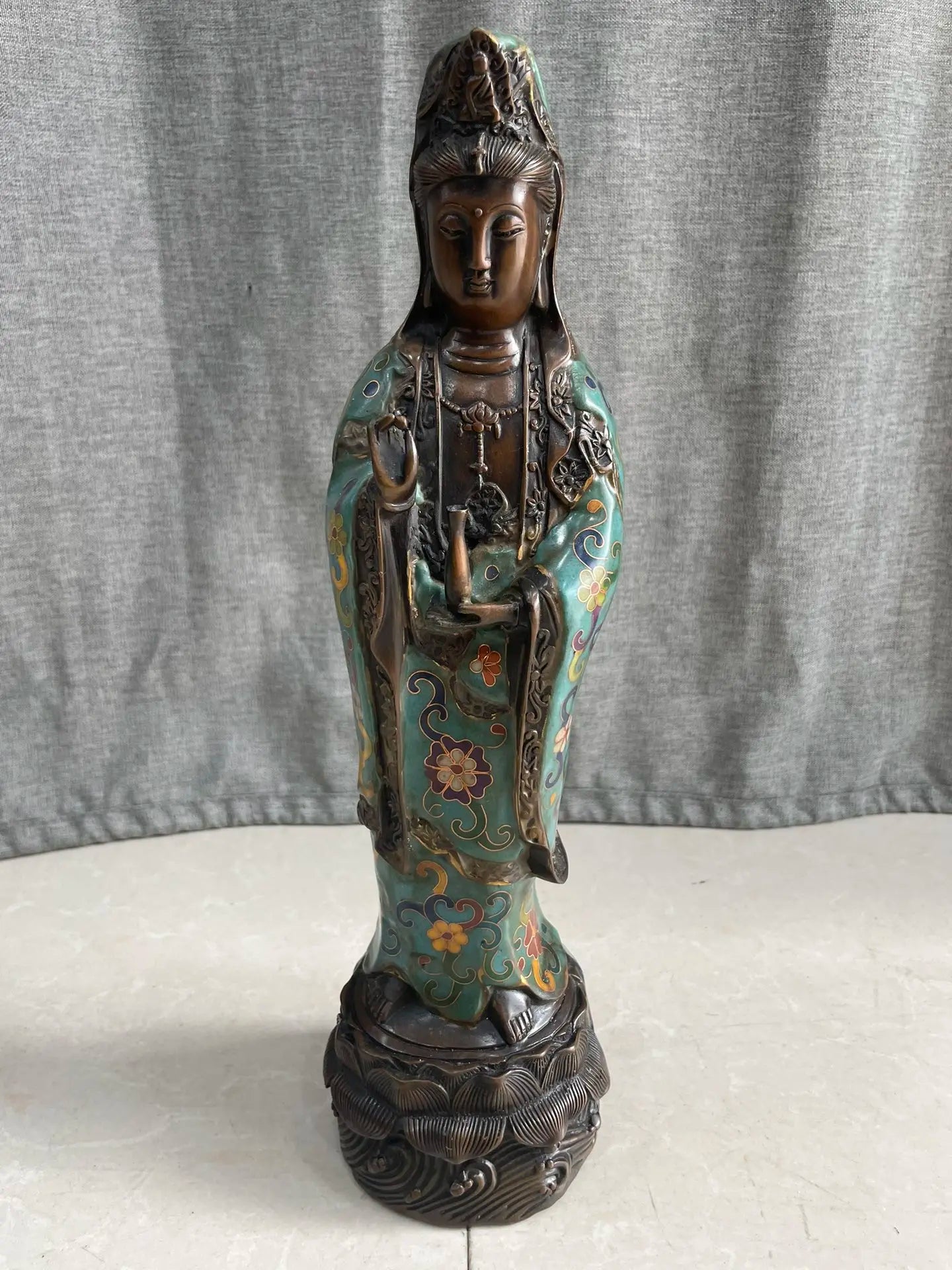 13"Tibetan Temple Collection Old Bronze Cloisonne Enamel Floral Texture Nanhai Guanyin Bodhisattva Standing Buddha Worship Hall