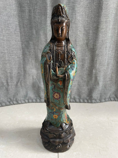 13"Tibetan Temple Collection Old Bronze Cloisonne Enamel Floral Texture Nanhai Guanyin Bodhisattva Standing Buddha Worship Hall