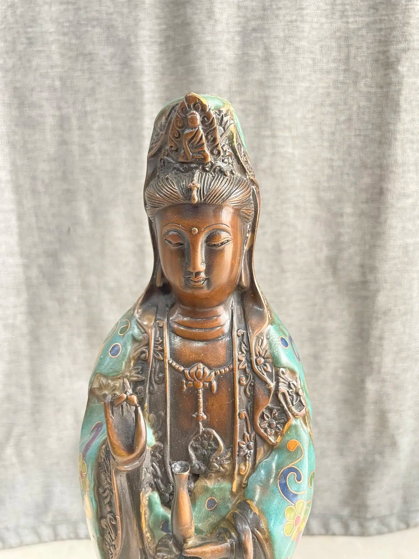 13"Tibetan Temple Collection Old Bronze Cloisonne Enamel Floral Texture Nanhai Guanyin Bodhisattva Standing Buddha Worship Hall