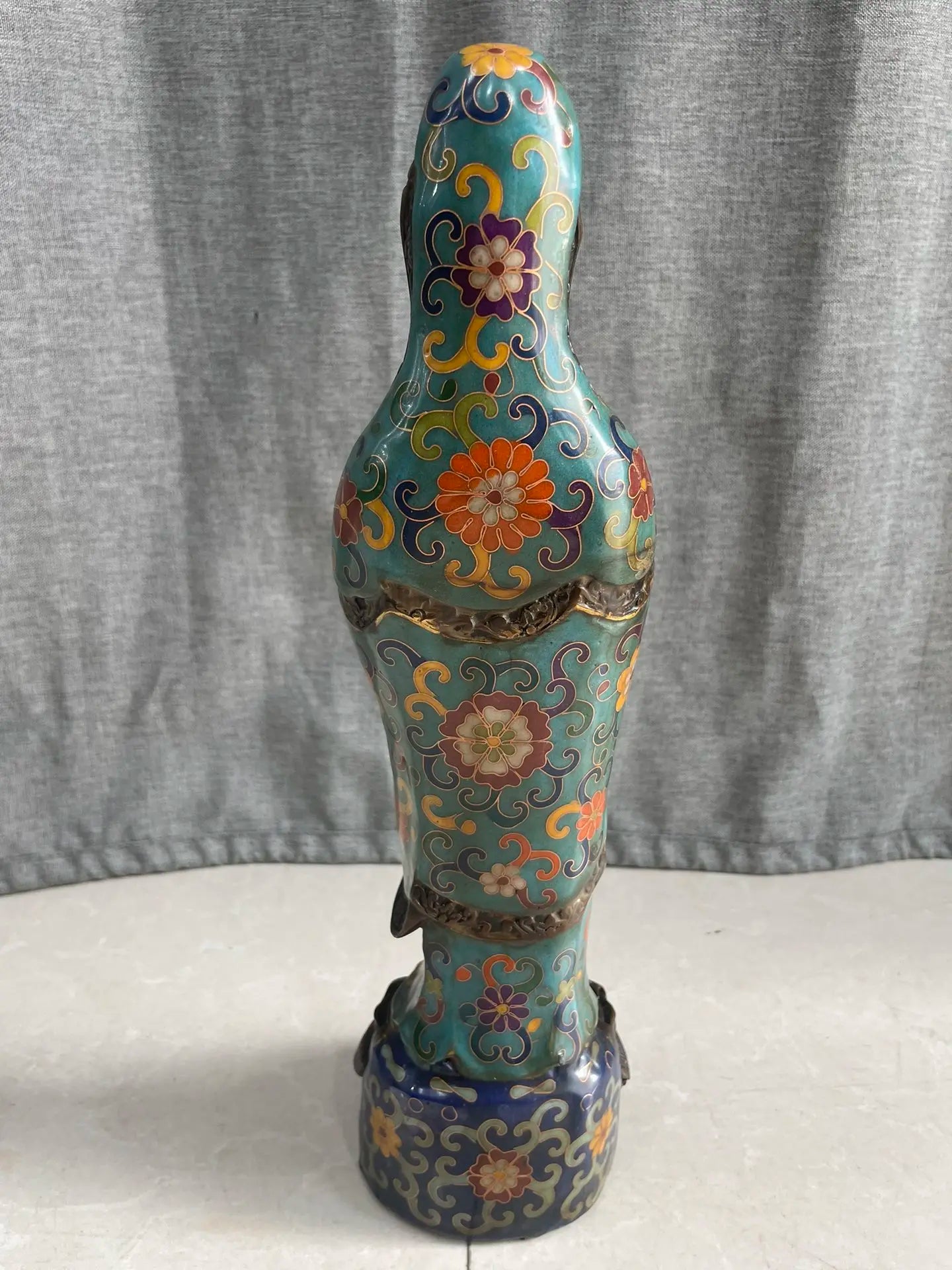 13"Tibetan Temple Collection Old Bronze Cloisonne Enamel Floral Texture Nanhai Guanyin Bodhisattva Standing Buddha Worship Hall