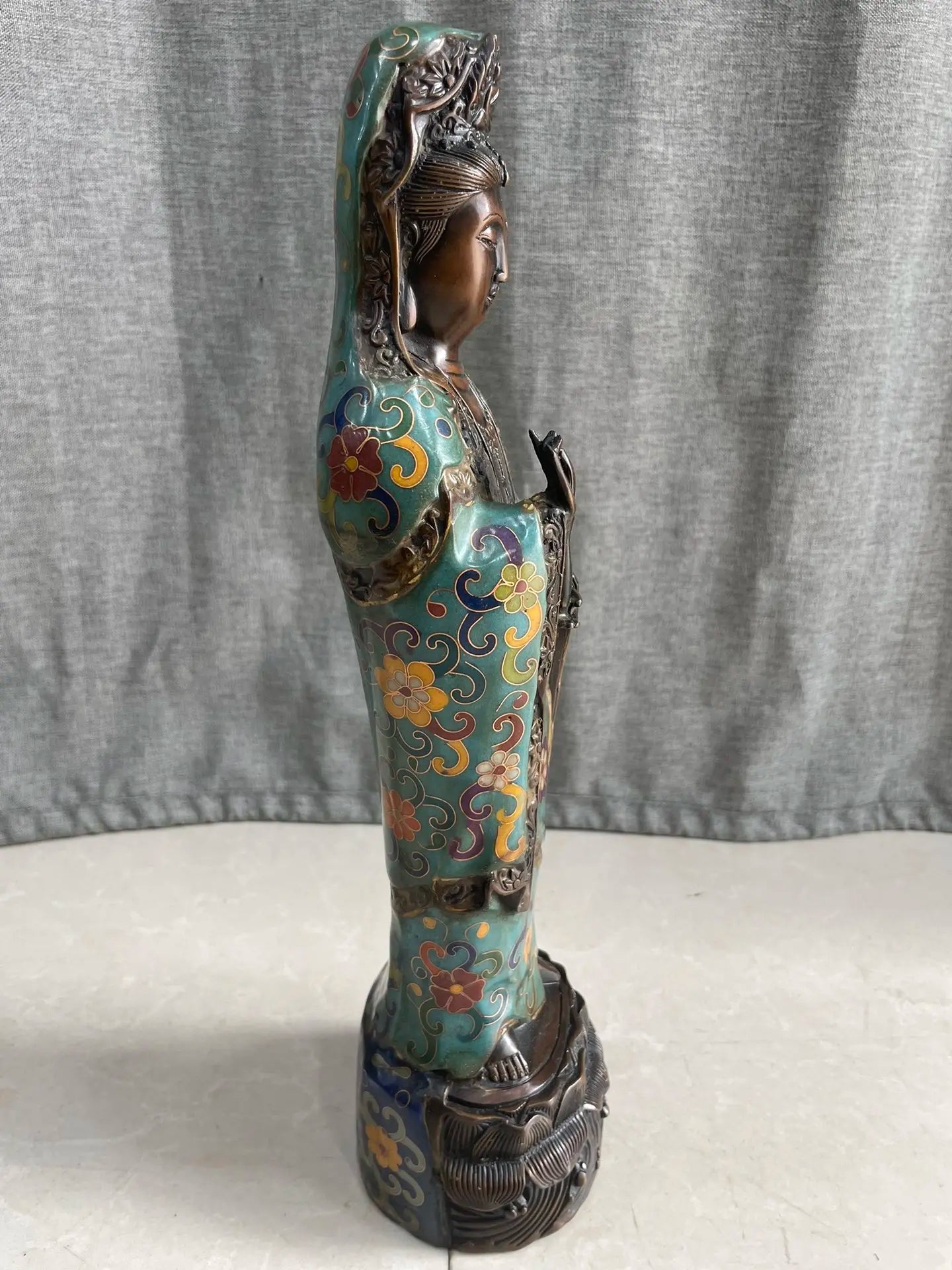 13"Tibetan Temple Collection Old Bronze Cloisonne Enamel Floral Texture Nanhai Guanyin Bodhisattva Standing Buddha Worship Hall
