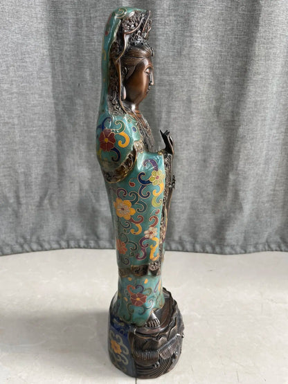 13"Tibetan Temple Collection Old Bronze Cloisonne Enamel Floral Texture Nanhai Guanyin Bodhisattva Standing Buddha Worship Hall