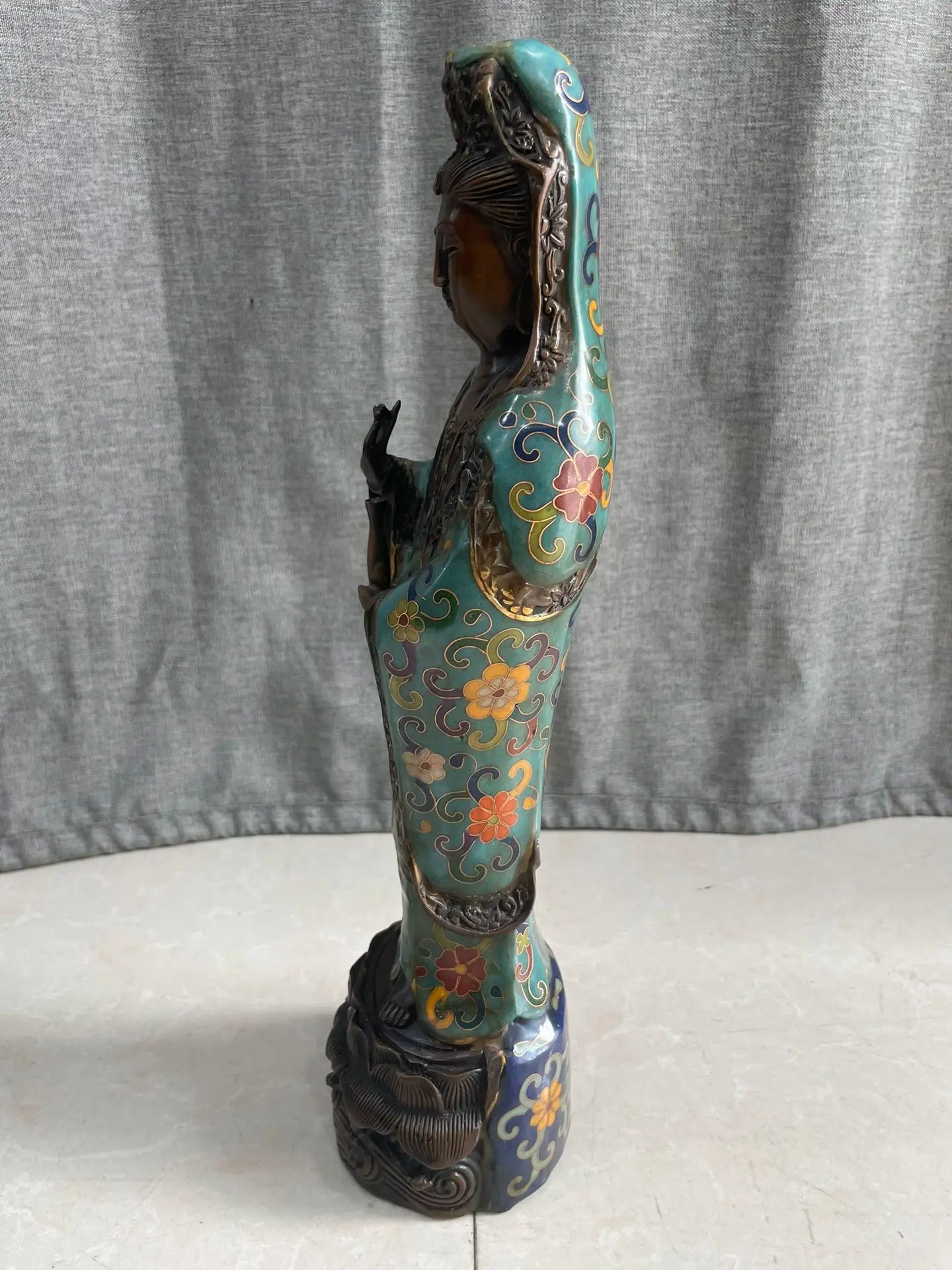 13"Tibetan Temple Collection Old Bronze Cloisonne Enamel Floral Texture Nanhai Guanyin Bodhisattva Standing Buddha Worship Hall