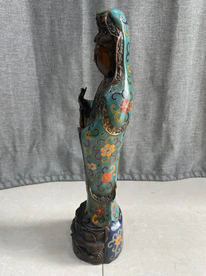 13"Tibetan Temple Collection Old Bronze Cloisonne Enamel Floral Texture Nanhai Guanyin Bodhisattva Standing Buddha Worship Hall