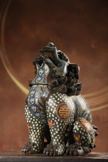 13"Tibetan Temple Collection Old Bronze Cloisonne Enamel Unicorn incense burner mythical beast Sky Watching Roaring Smoke Stove