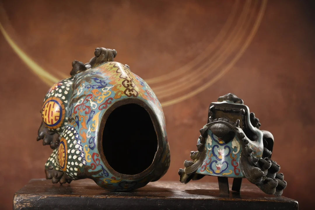 13"Tibetan Temple Collection Old Bronze Cloisonne Enamel Unicorn incense burner mythical beast Sky Watching Roaring Smoke Stove