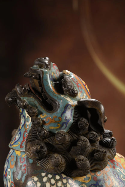 13"Tibetan Temple Collection Old Bronze Cloisonne Enamel Unicorn incense burner mythical beast Sky Watching Roaring Smoke Stove