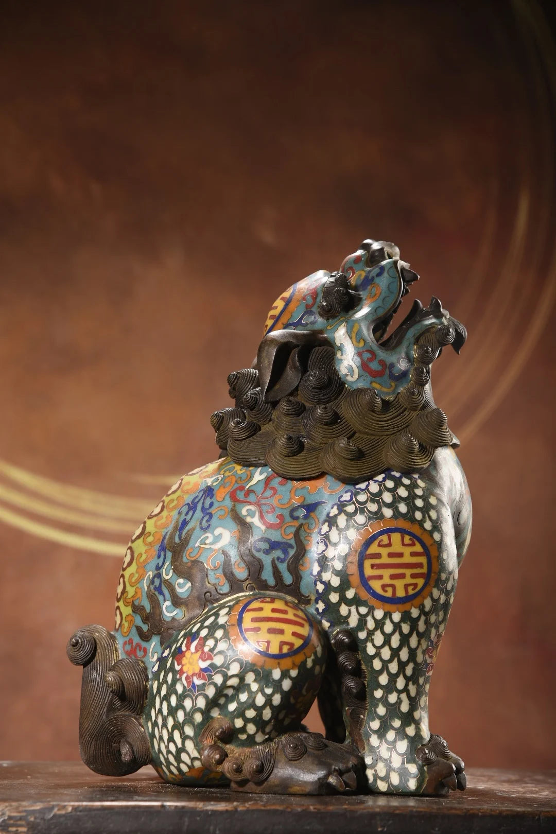 13"Tibetan Temple Collection Old Bronze Cloisonne Enamel Unicorn incense burner mythical beast Sky Watching Roaring Smoke Stove