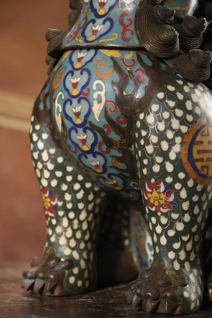 13"Tibetan Temple Collection Old Bronze Cloisonne Enamel Unicorn incense burner mythical beast Sky Watching Roaring Smoke Stove