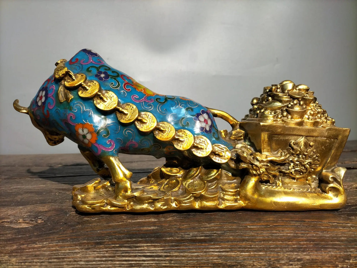 13"Tibetan Temple Collection Old Bronze Cloisonne Enamel struggle Cow Pull wealth ingot car Gather fortune ornament Town house