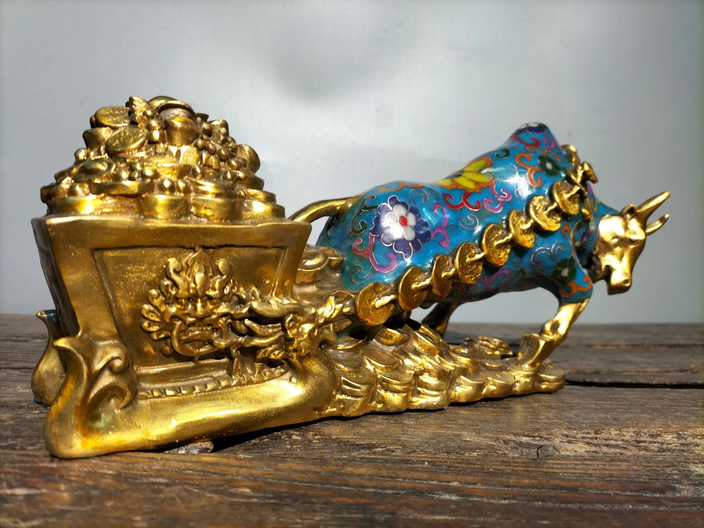 13"Tibetan Temple Collection Old Bronze Cloisonne Enamel struggle Cow Pull wealth ingot car Gather fortune ornament Town house