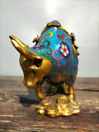 13"Tibetan Temple Collection Old Bronze Cloisonne Enamel struggle Cow Pull wealth ingot car Gather fortune ornament Town house