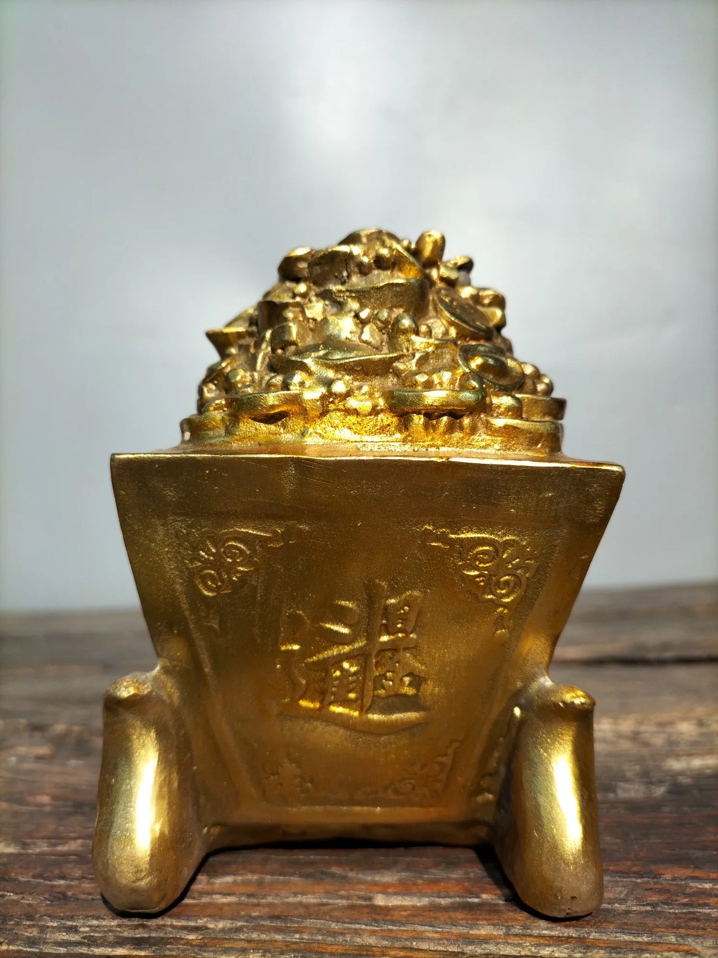 13"Tibetan Temple Collection Old Bronze Cloisonne Enamel struggle Cow Pull wealth ingot car Gather fortune ornament Town house