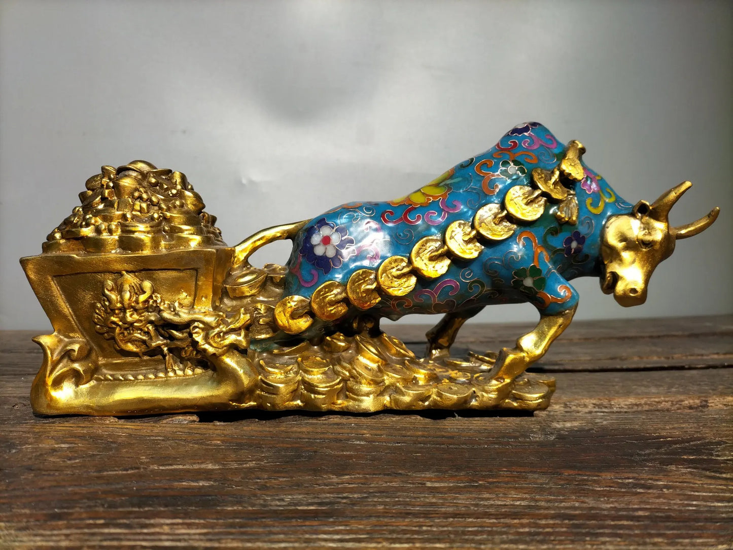 13"Tibetan Temple Collection Old Bronze Cloisonne Enamel struggle Cow Pull wealth ingot car Gather fortune ornament Town house