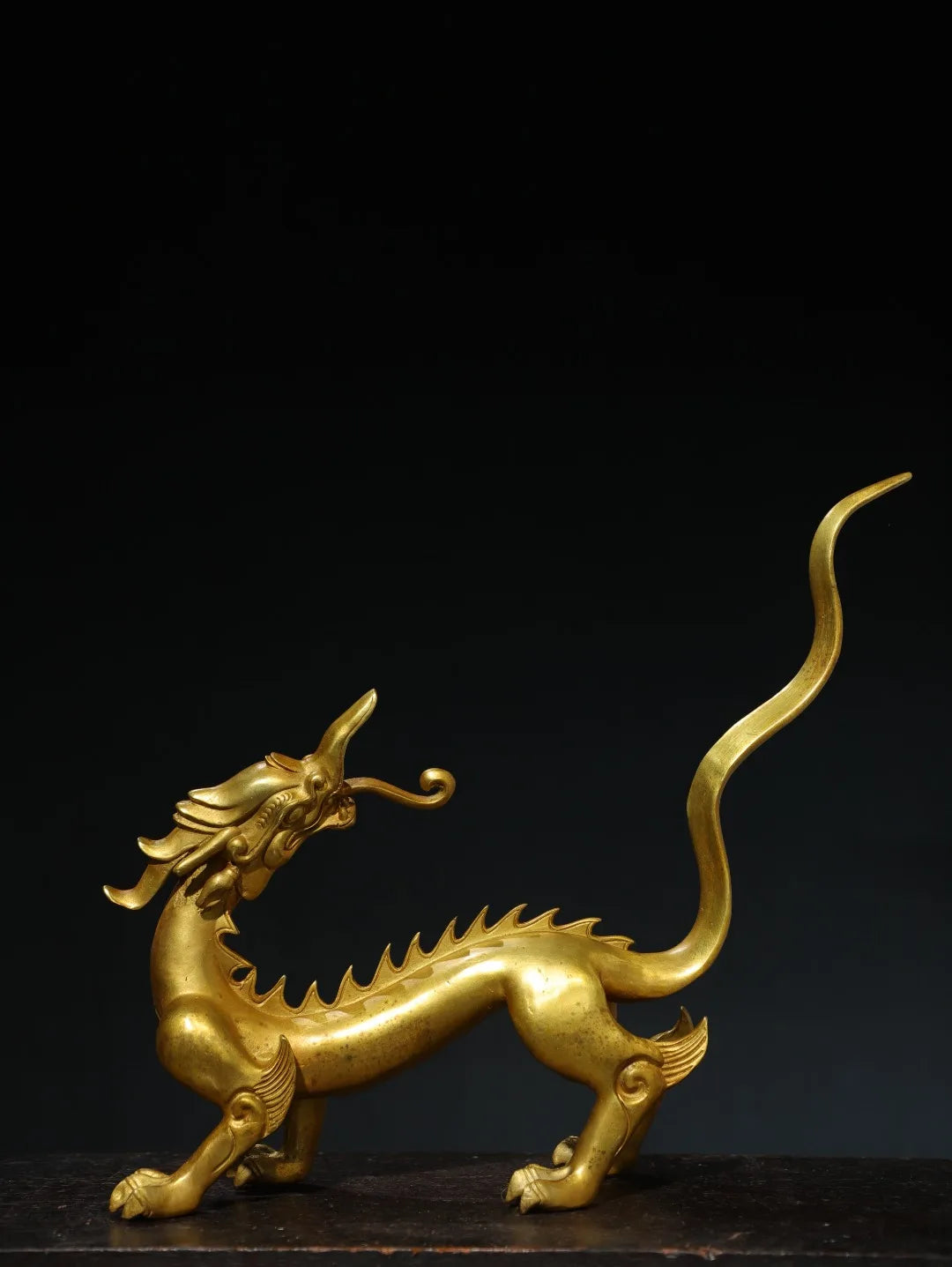 13"Tibetan Temple Collection Old Bronze Gilded Chinese Loong Statue Dragon Divine Beast Amass wealth Ornament Town house