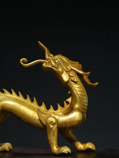 13"Tibetan Temple Collection Old Bronze Gilded Chinese Loong Statue Dragon Divine Beast Amass wealth Ornament Town house