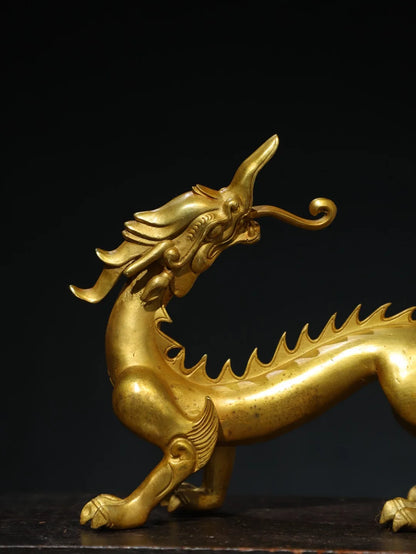 13"Tibetan Temple Collection Old Bronze Gilded Chinese Loong Statue Dragon Divine Beast Amass wealth Ornament Town house