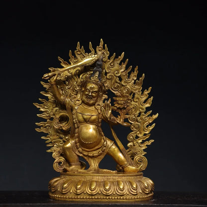13"Tibetan Temple Collection Old Bronze Gilded Cinnabar Palden Lhamo Vajrapani Backlight Lotus Platform Worship Hall Town house