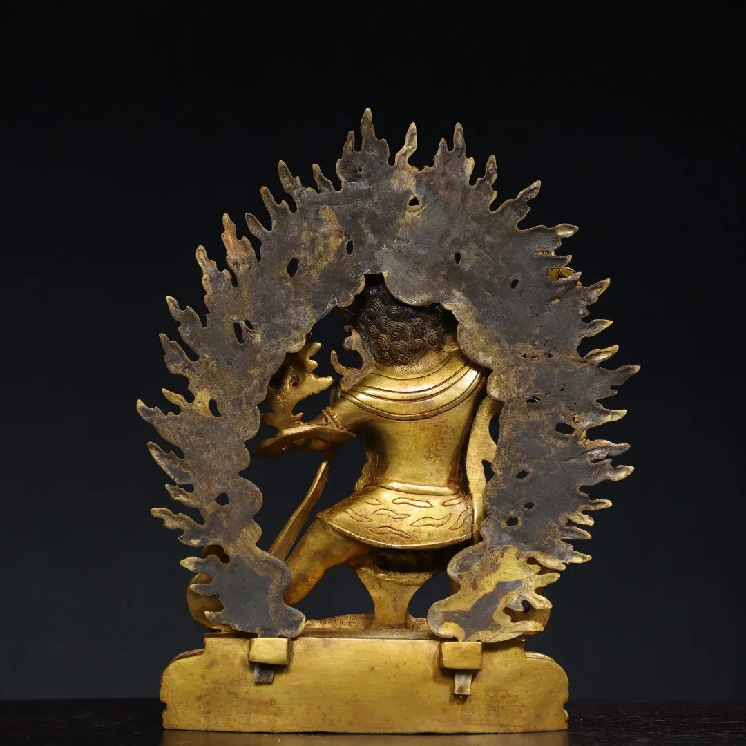 13"Tibetan Temple Collection Old Bronze Gilded Cinnabar Palden Lhamo Vajrapani Backlight Lotus Platform Worship Hall Town house