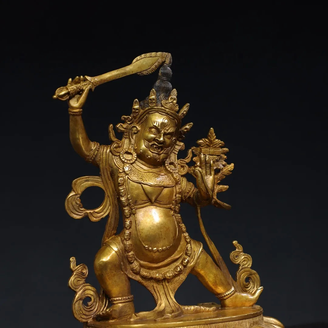 13"Tibetan Temple Collection Old Bronze Gilded Cinnabar Palden Lhamo Vajrapani Backlight Lotus Platform Worship Hall Town house