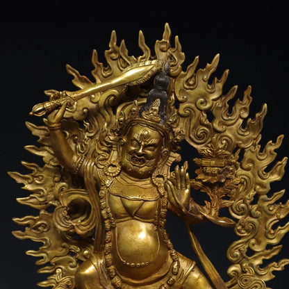 13"Tibetan Temple Collection Old Bronze Gilded Cinnabar Palden Lhamo Vajrapani Backlight Lotus Platform Worship Hall Town house