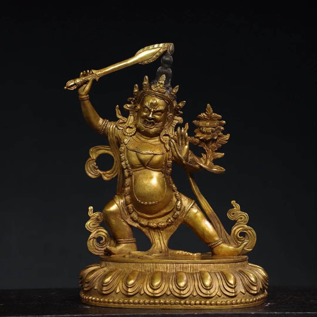 13"Tibetan Temple Collection Old Bronze Gilded Cinnabar Palden Lhamo Vajrapani Backlight Lotus Platform Worship Hall Town house