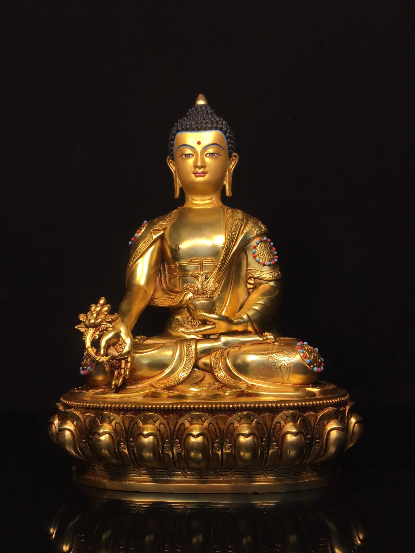 13"Tibetan Temple Collection Old Bronze Gilded Painted Face Mosaic Gem Medicine Buddha Lotus Terrace Sitting Buddha Worship Hall