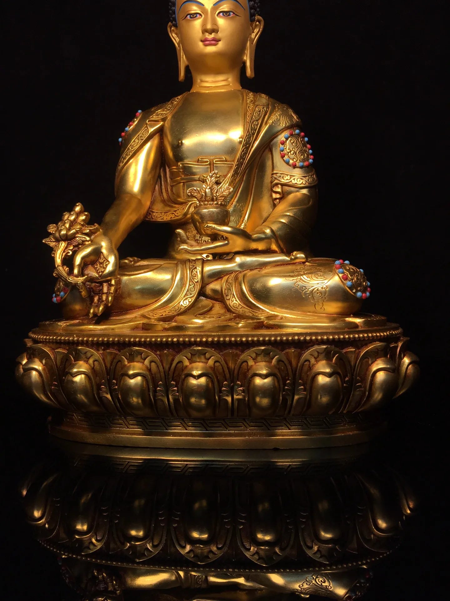 13"Tibetan Temple Collection Old Bronze Gilded Painted Face Mosaic Gem Medicine Buddha Lotus Terrace Sitting Buddha Worship Hall