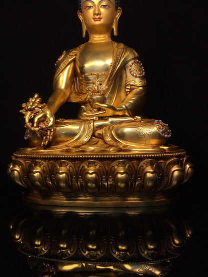 13"Tibetan Temple Collection Old Bronze Gilded Painted Face Mosaic Gem Medicine Buddha Lotus Terrace Sitting Buddha Worship Hall