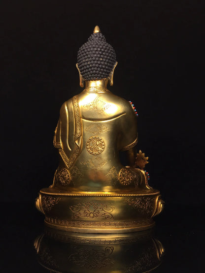 13"Tibetan Temple Collection Old Bronze Gilded Painted Face Mosaic Gem Medicine Buddha Lotus Terrace Sitting Buddha Worship Hall